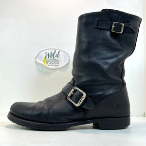 Frye Veronica Moto Boot-Black Leather-Women 8.5-Buckle, Strap-Combat-Mid Calf